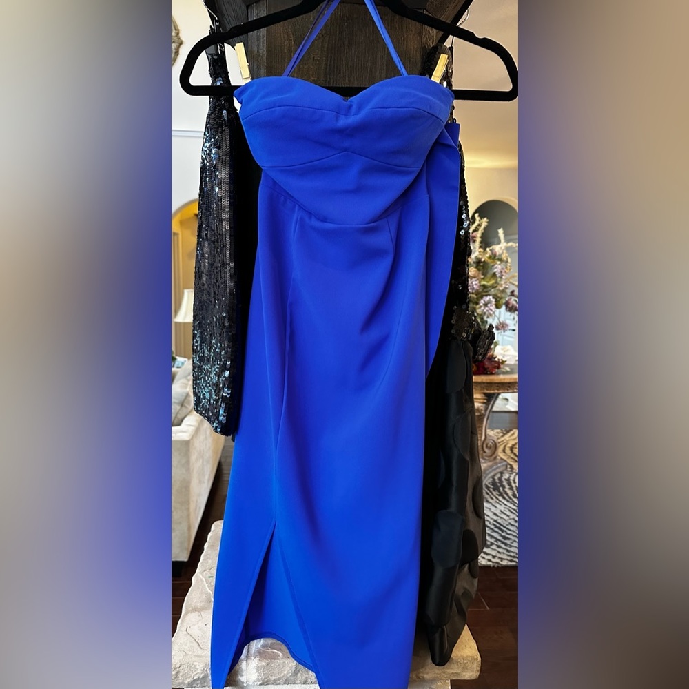 A line Strapless Blue Dress with slit.